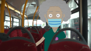 A 2D character animation wearing a facemask sits within real footage on top of a London bus